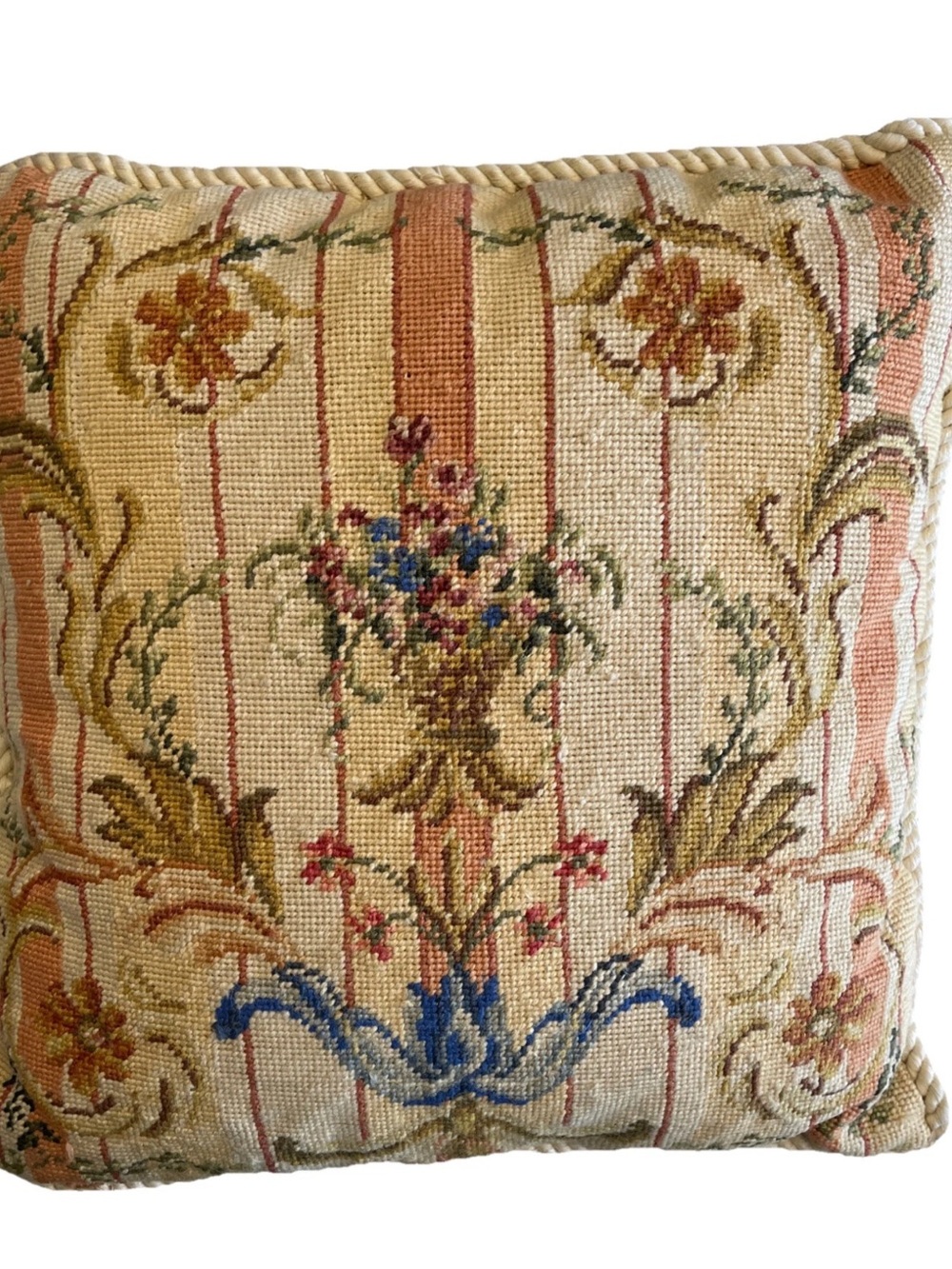 Decorative Floral Needlepoint Throw Pillow in Beige and Blue